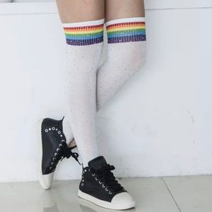 Rainbow Thigh High Socks With Shiny Rhinestones